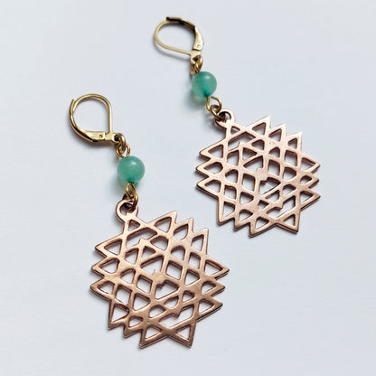 Sri Yantra di Tara Verde Orecchini in Ottone con Avventurina verde