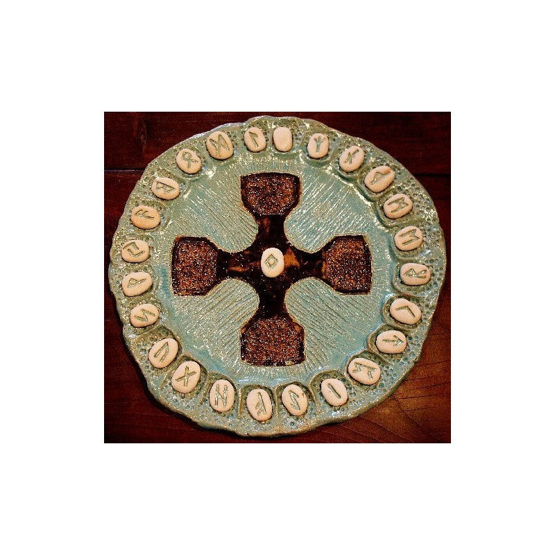 Piatto Oracolo delle Rune e Set 24 Rune Terracotta Futhark Germanico per Divinazione