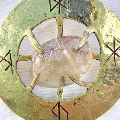 Talismano Runico Quarzo Citrino con Rune Legate Ciondolo in Ottone