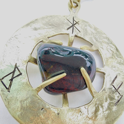 Talismano Runico Eliotropio con Rune Legate Ciondolo in Ottone